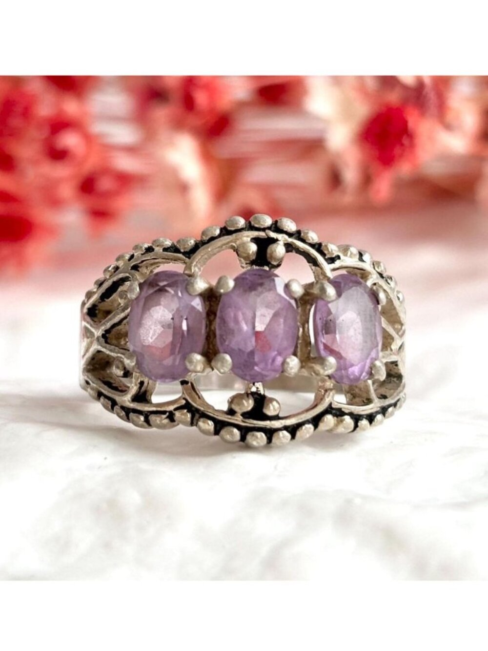 SETA Natural Amethyst Gemstone Beaded Sterling Silver 925 Vintage Ring - sz 7.75